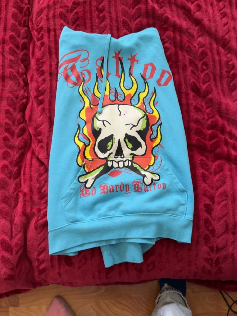 Ed Hardy Aqua Hoodie with Neon Flame Skull Graphic